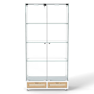 Glass Display Cabinet With LED Lights, Tempered Glass Doors, Large Drawers, 2 Door Storage Case With 4 Shelves - Natural / White