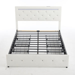 Upholstered Bed Frame With LED Lights, 4 Storage Drawers, Charging Station