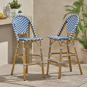Outdoor Rattan French Barstool Set - Navy Blue & White