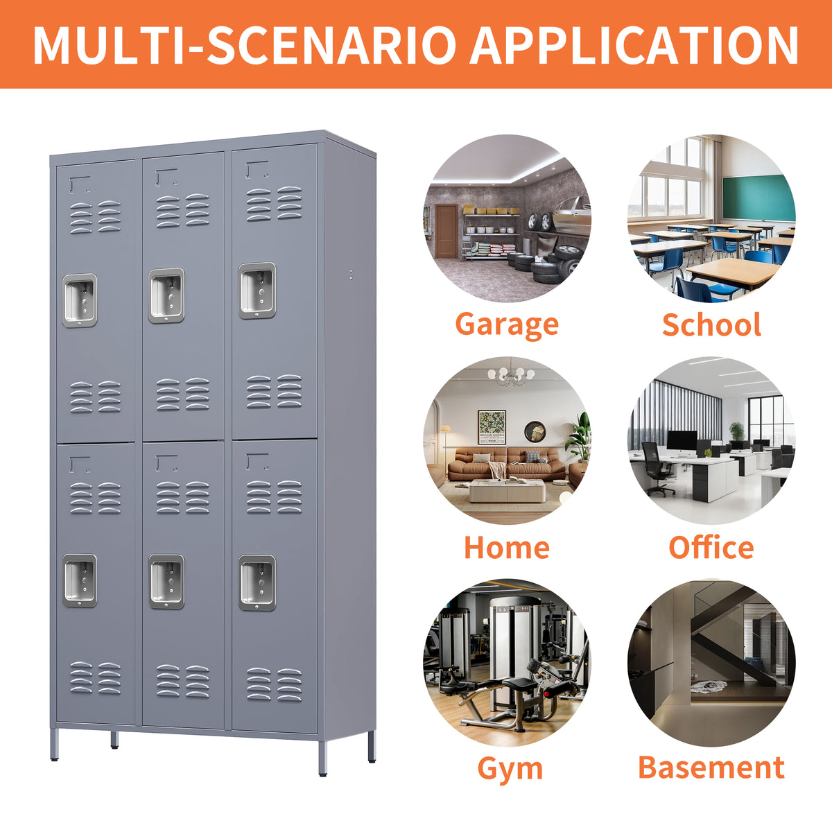 6-Door Metal Locker Cabinet, 72 Inches High, Gray with Individual Locks