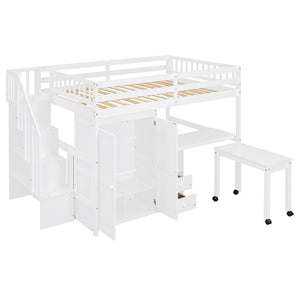Loft Bed With Stairs, Bookshelf, Drawers, Desk & Wardrobe, Space Saving Multifunctional Furniture