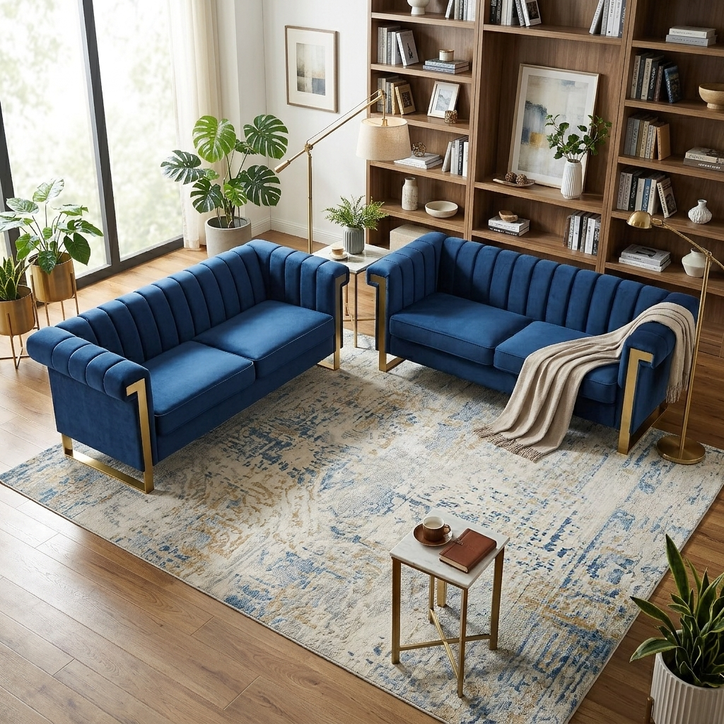 Vintage Blue Velvet 2 Piece Sofa Set