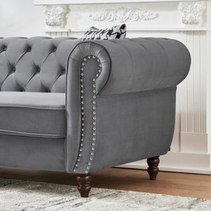 Chesterfield Upholstery Fabric Sofa With Roll Armrest & Nailhead