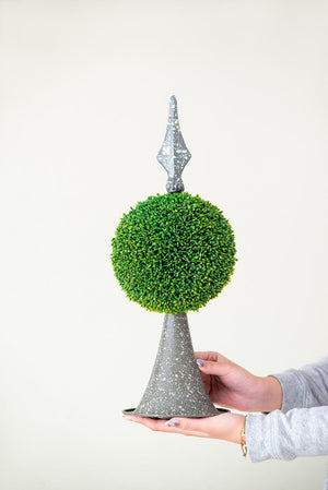 7x7x17" Faux Boxwood Topiary Sphere on Metal Spire
