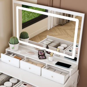 Modern Makeup Vanity Set With Power Outlet, Hair Dryer Holder, And Adjustable Lighting