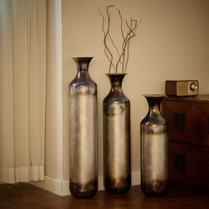 Modern Droplet Shaped Floor Vase Set, Glazed Metal Decorative Vases 3 Piece Home Accent For Living Room - Gold / White