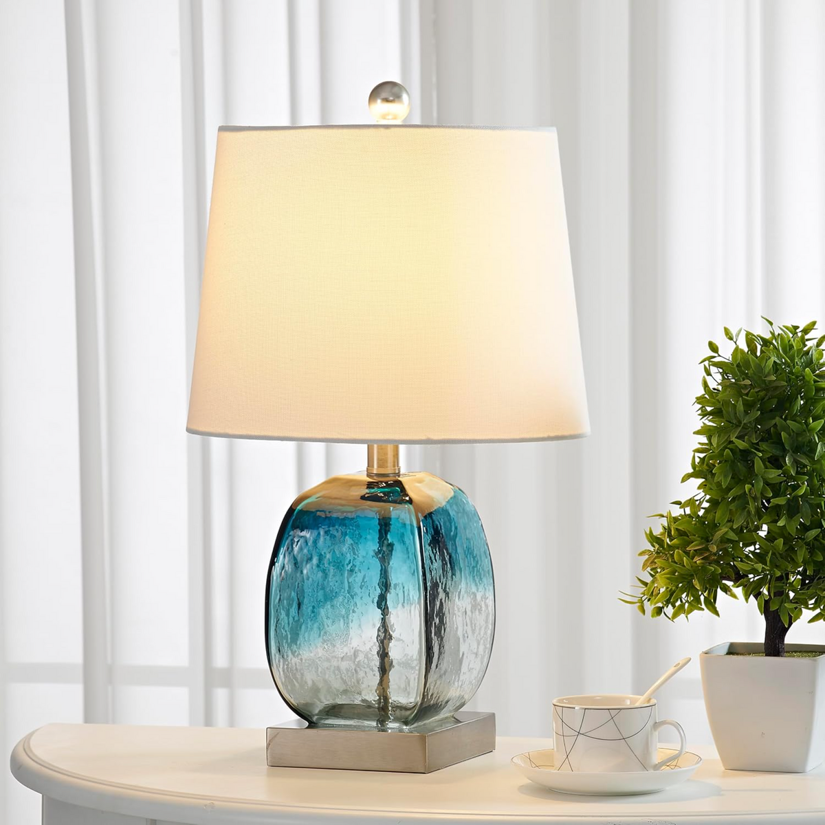 Coastal Glass Table Lamp 20.5-Inch 3-Way Dimmable with USB, Set of 2, Blue