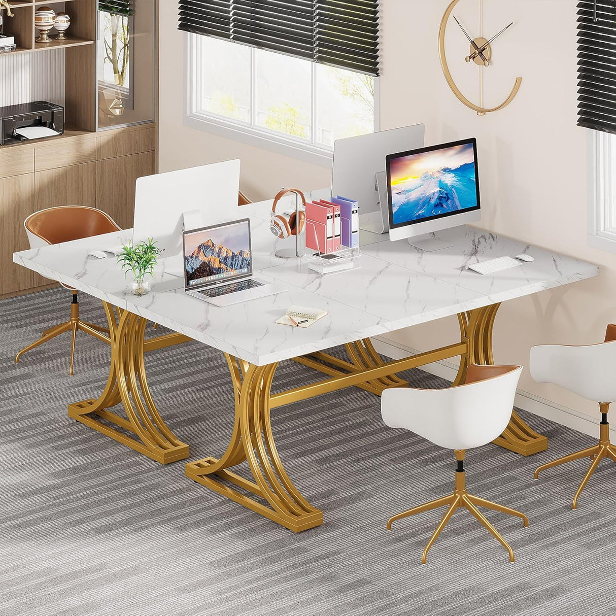 Executive Desk With X-Legs, Sturdy Office Workstation For Home Office - White / Gold