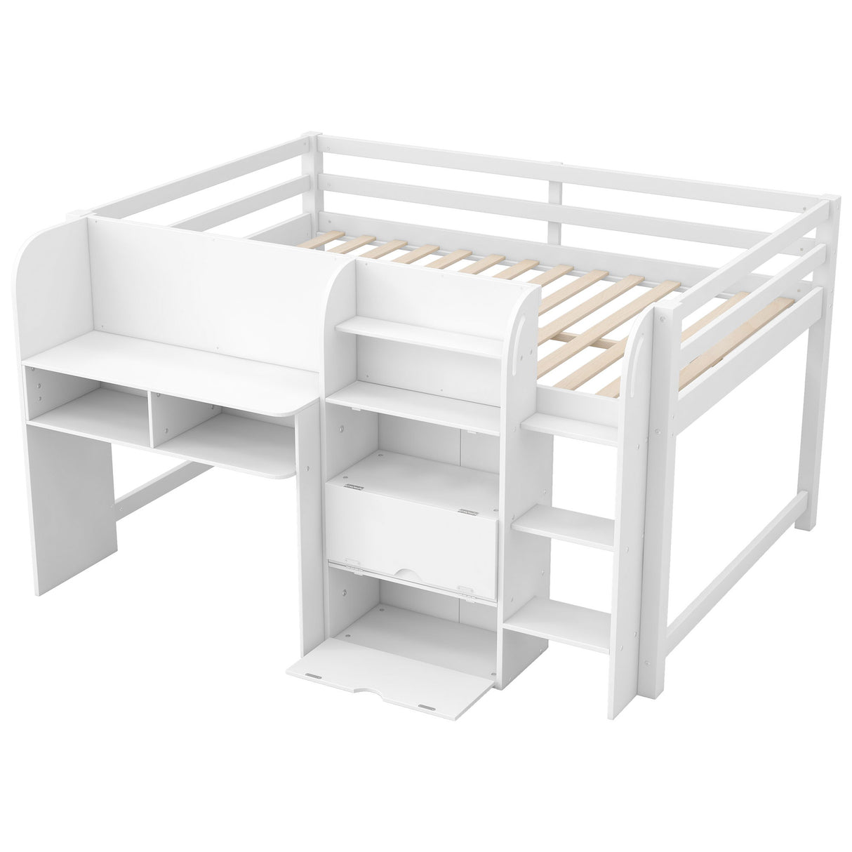 Low Loft Bed With Built In Desk, Storage Cabinets, Open Bookcase And Doodle board