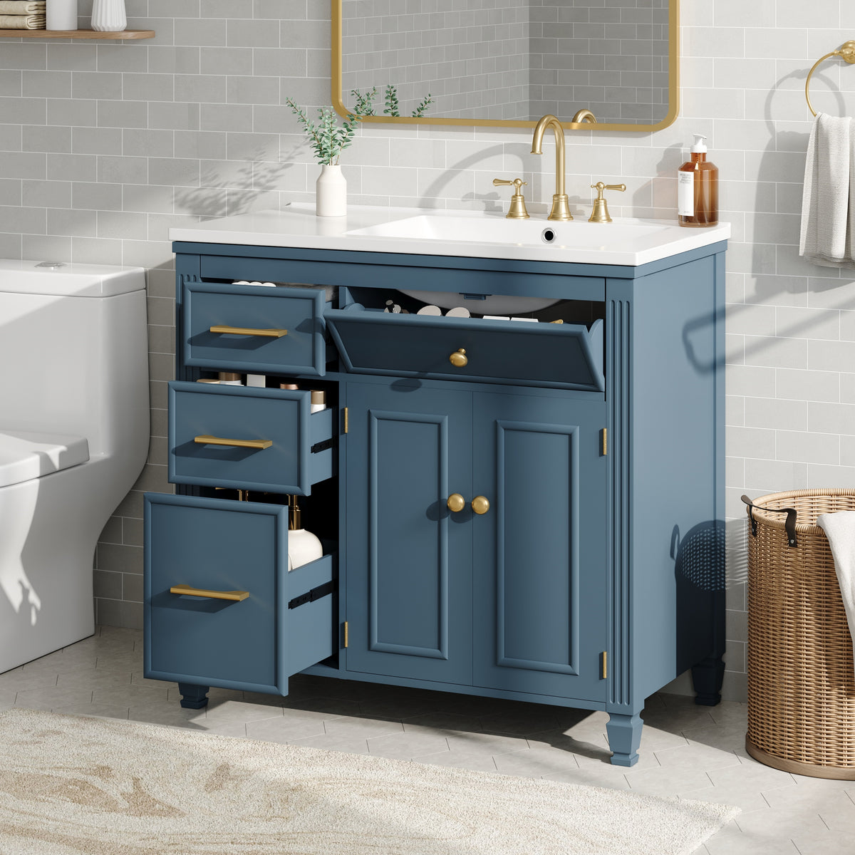 36" Bathroom Vanity with Sink, Ceramic Sink, One Tip-out Drawer, 3 Side Drawers, Adjustable Shelf