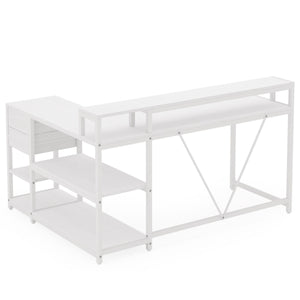 L-Shaped Home Office Desk With Monitor Riser, Drawers, And Storage Shelves