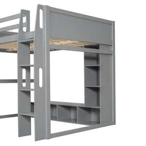Gaming Loft Bed With Desk, Multi Storage Shelves, LED Lighting, And Hanging Clothes Rack