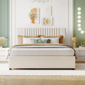 Upholstered Platform Bed With Drawers, Classic Headboard Design