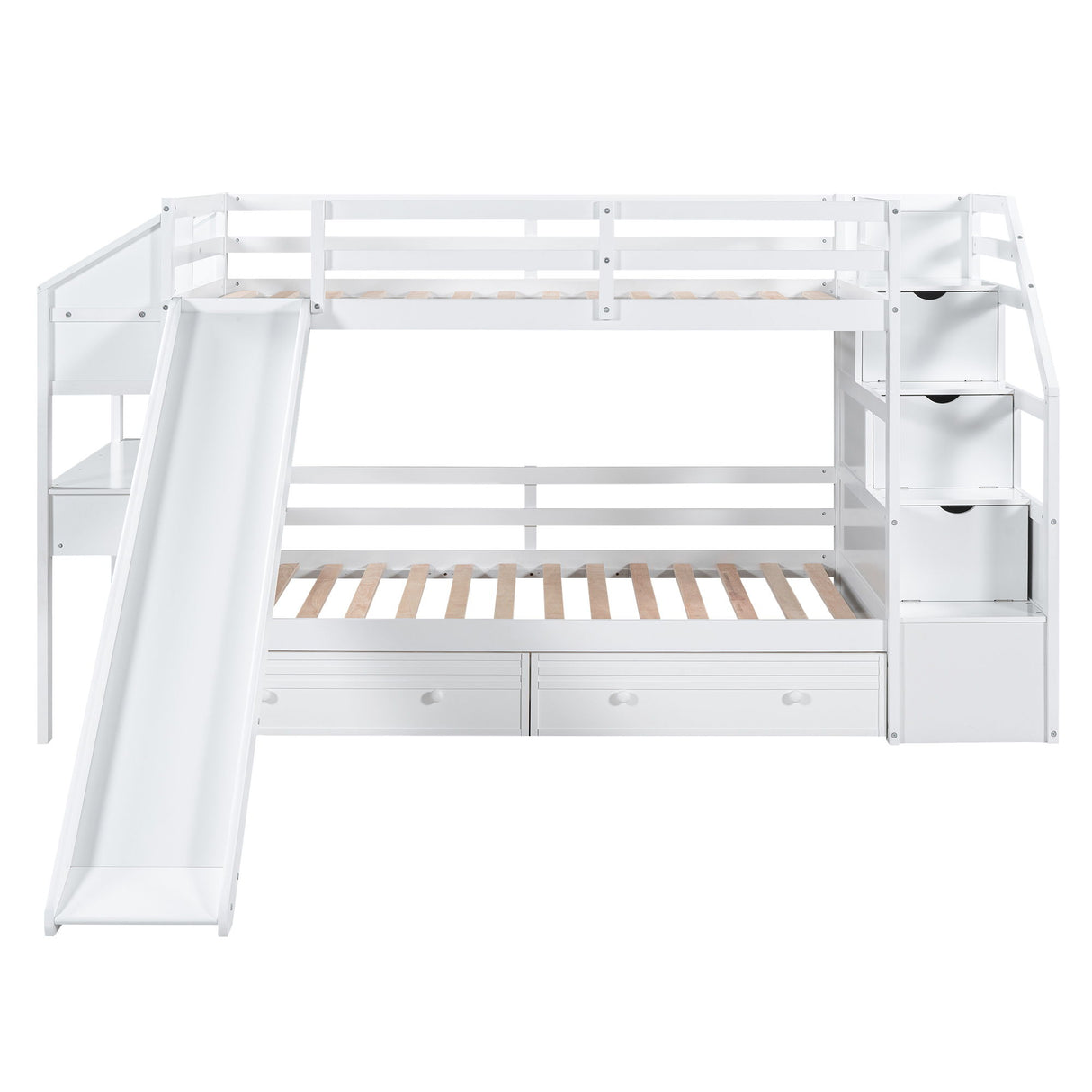 Bunk Bed With Storage Staircase, Slide, Desk, Drawers, And Shelves
