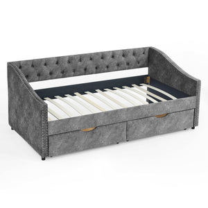 Upholstered Tufted Daybed With 2 Drawers, Waved Arms