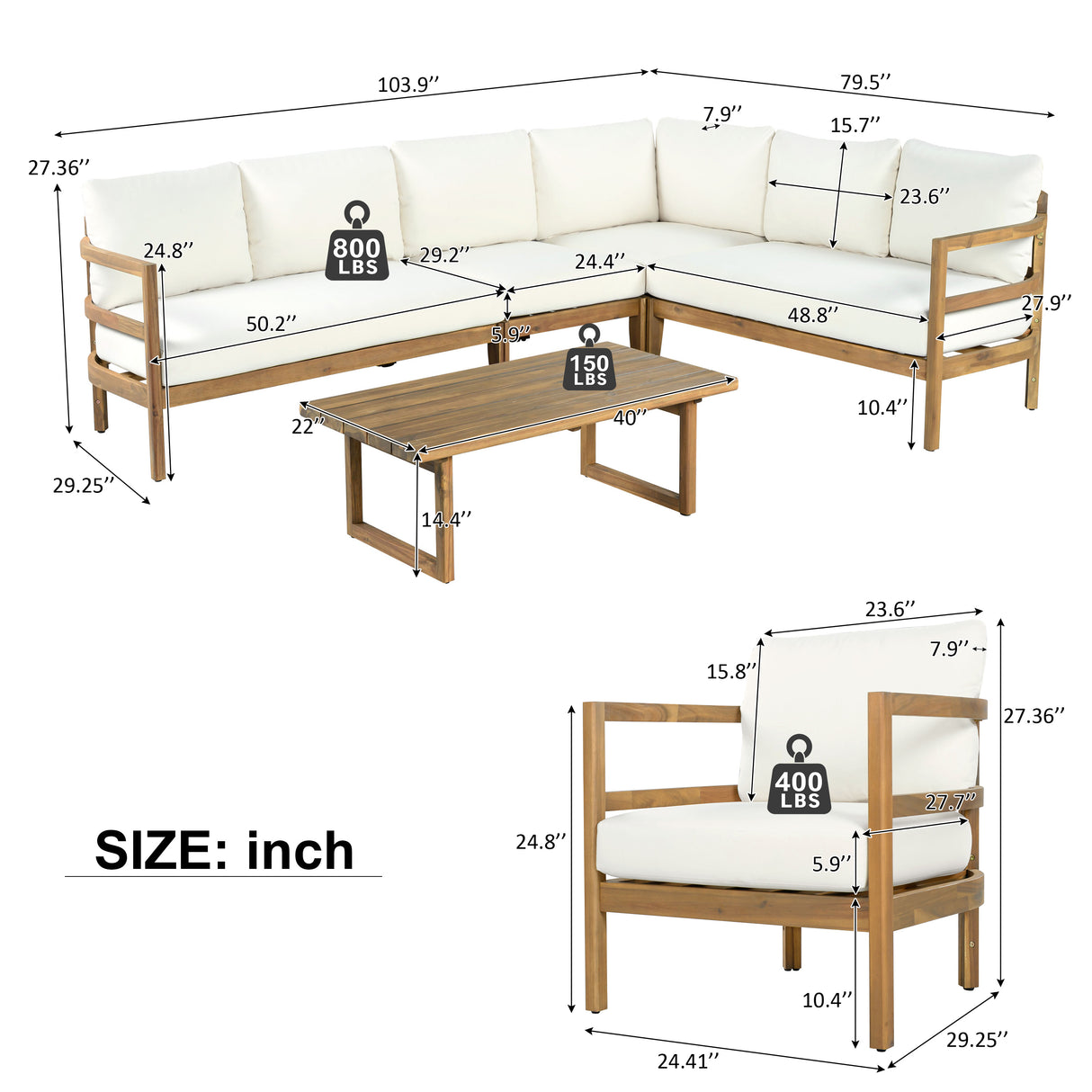 Outdoor Acacia Wood 6-Seater Sectional Sofa Set