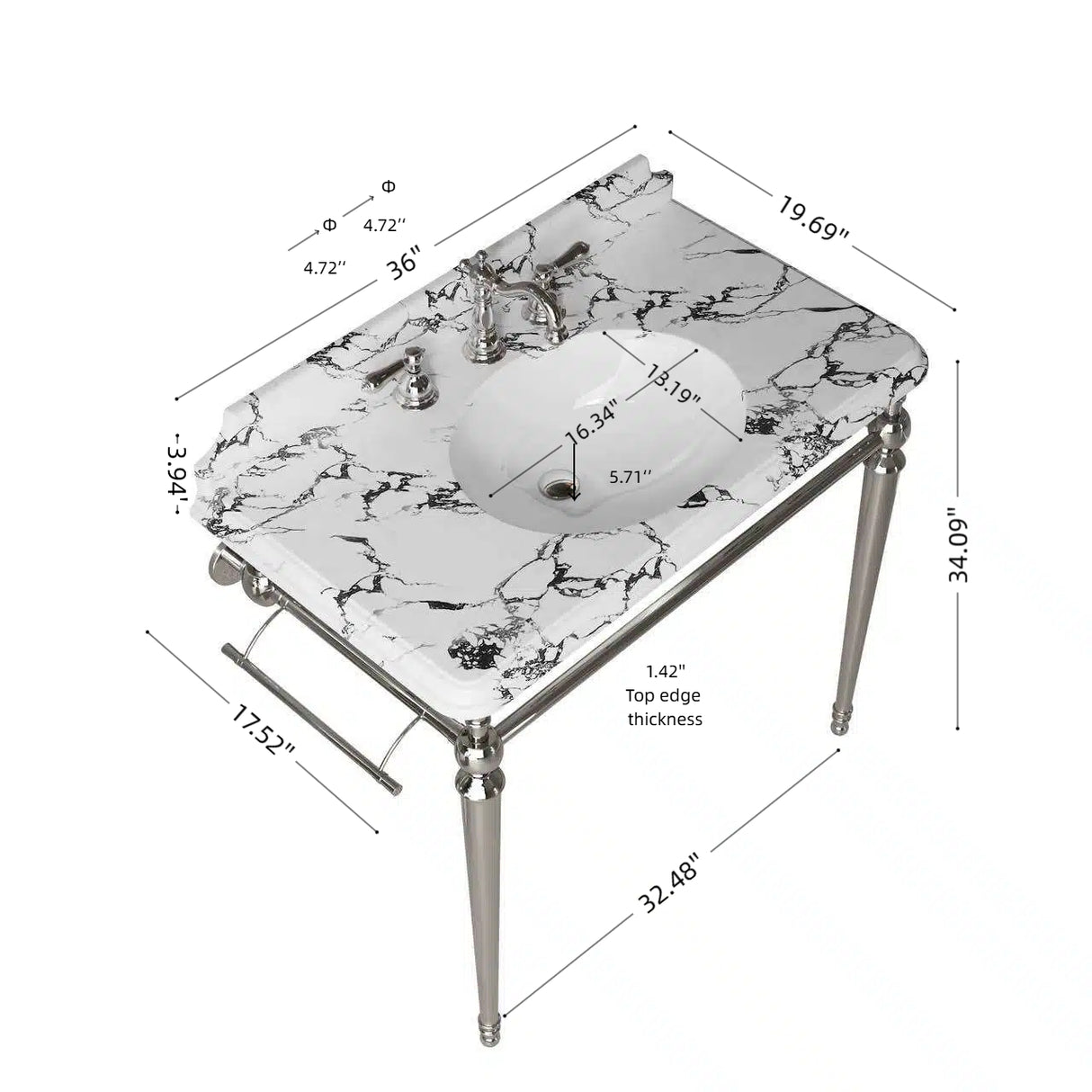 VICI 36" Bathroom Console Sink, Undermount Ceramic Vanity Basin