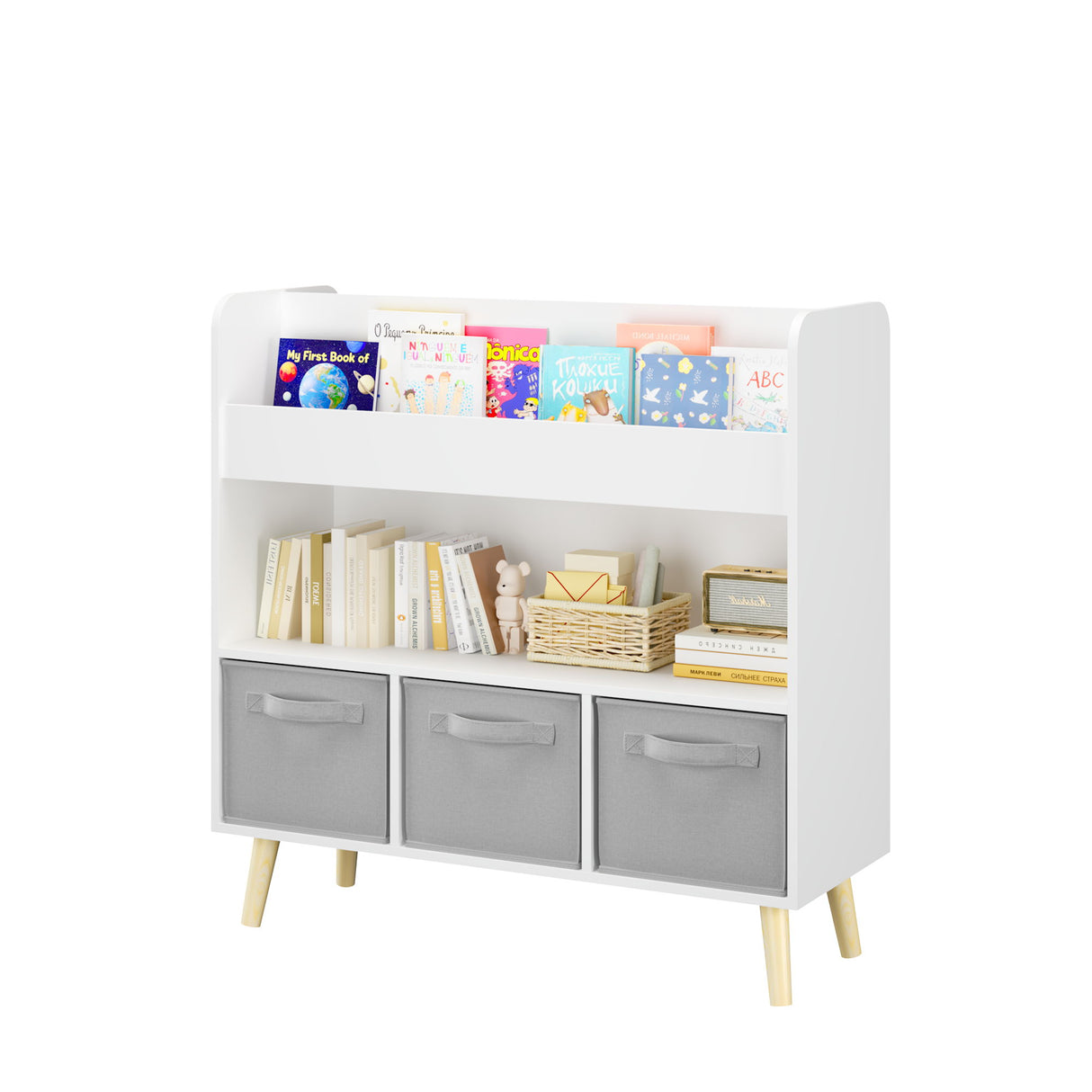 Bookshelf With 3 Bins, Storage Shelf For Toys And Books