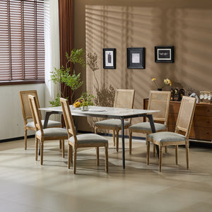 French Country Dining Chair With Rectangular Cane Backrest And Smooth Upholstered Seating