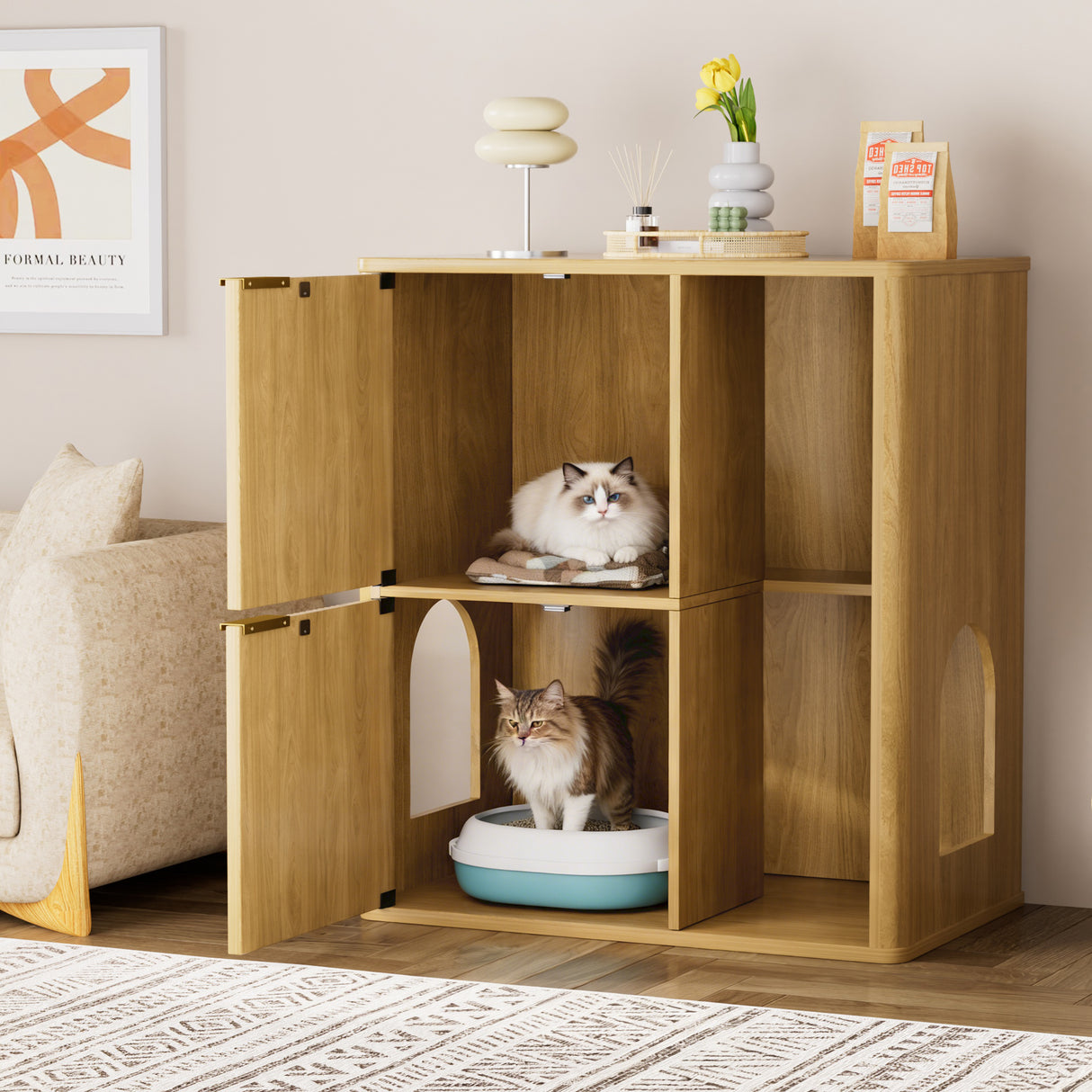 31.5-inch Light Wood Cat Litter Cabinet with Cat Tree