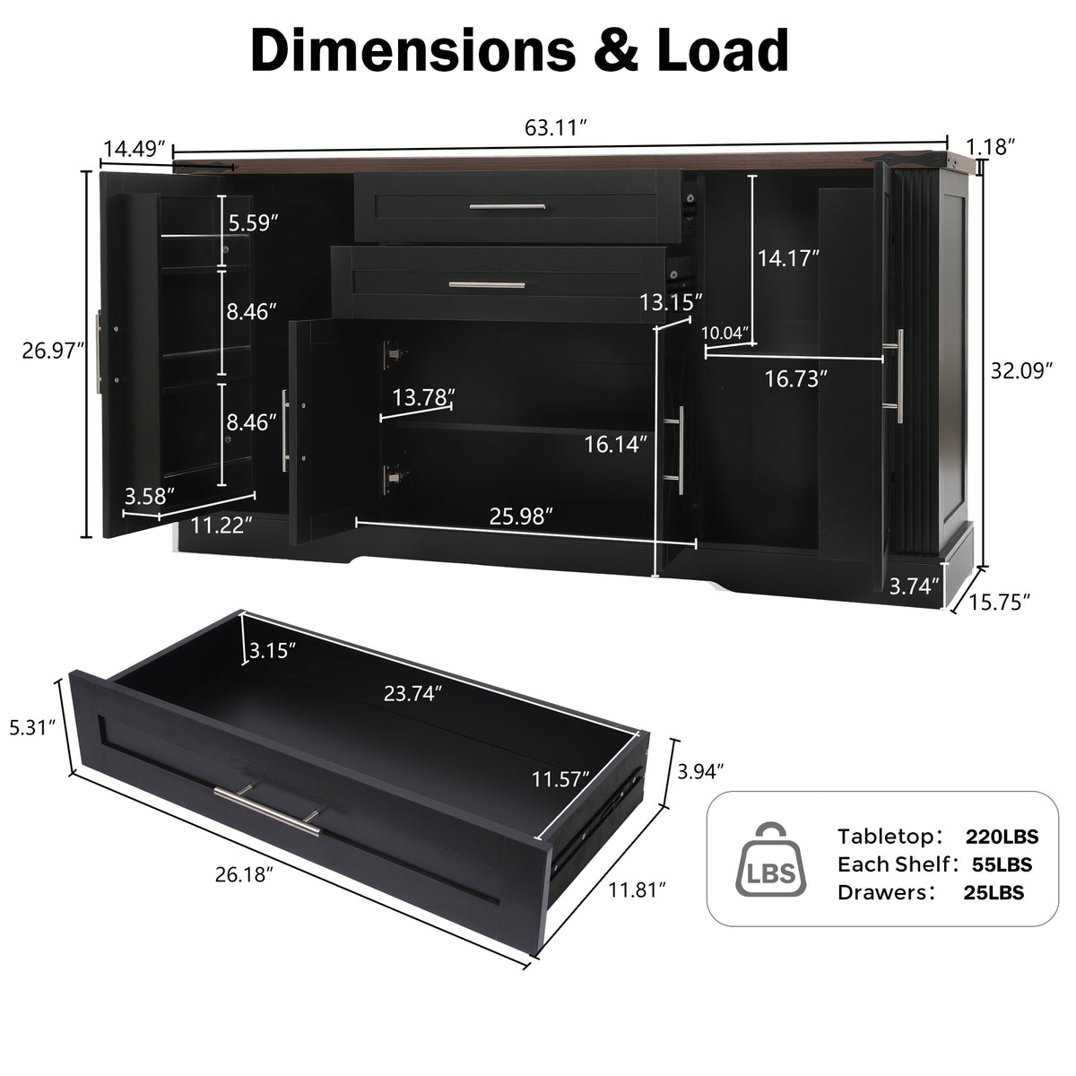 63" Farmhouse Barn Door Storage Cabinet with 2 Drawers