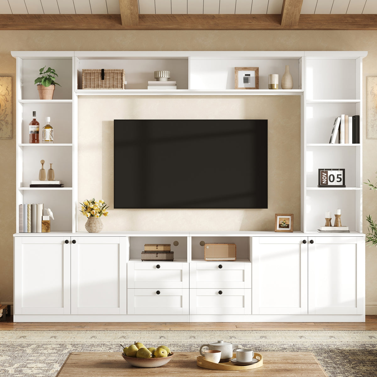 Farmhouse Elegant Entertainment Center Wall Unit with 4 Drawers