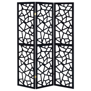 3 Panel Folding Screen With Mosaic Cutout Design - Black