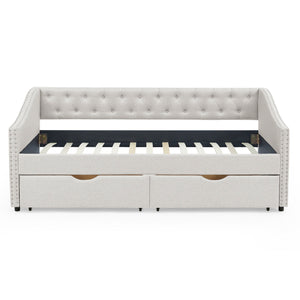 Upholstered Tufted Daybed With 2 Drawers, Waved Arms