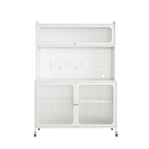Contemporary Kitchen Pantry Cabinet With Glass Doors, Adjustable Shelves, Steel - Brushed Nickel