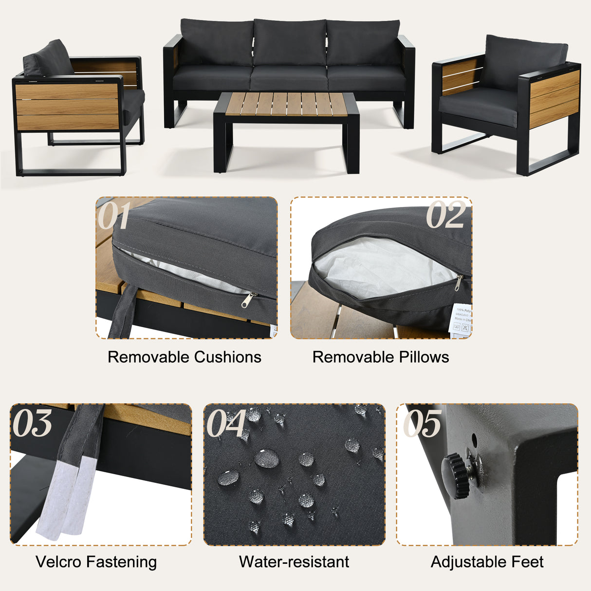 Aluminum Frame Large 4-Piece Outdoor Patio Furniture Set for 5 Person