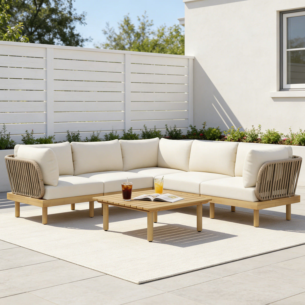 6-Piece Acacia Wood L-Shaped Modular Outdoor Sofa Set with Rope Back & Weather-Resistant Cushions