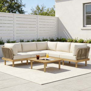 6-Piece Acacia Wood L-Shaped Modular Outdoor Sofa Set with Rope Back & Weather-Resistant Cushions