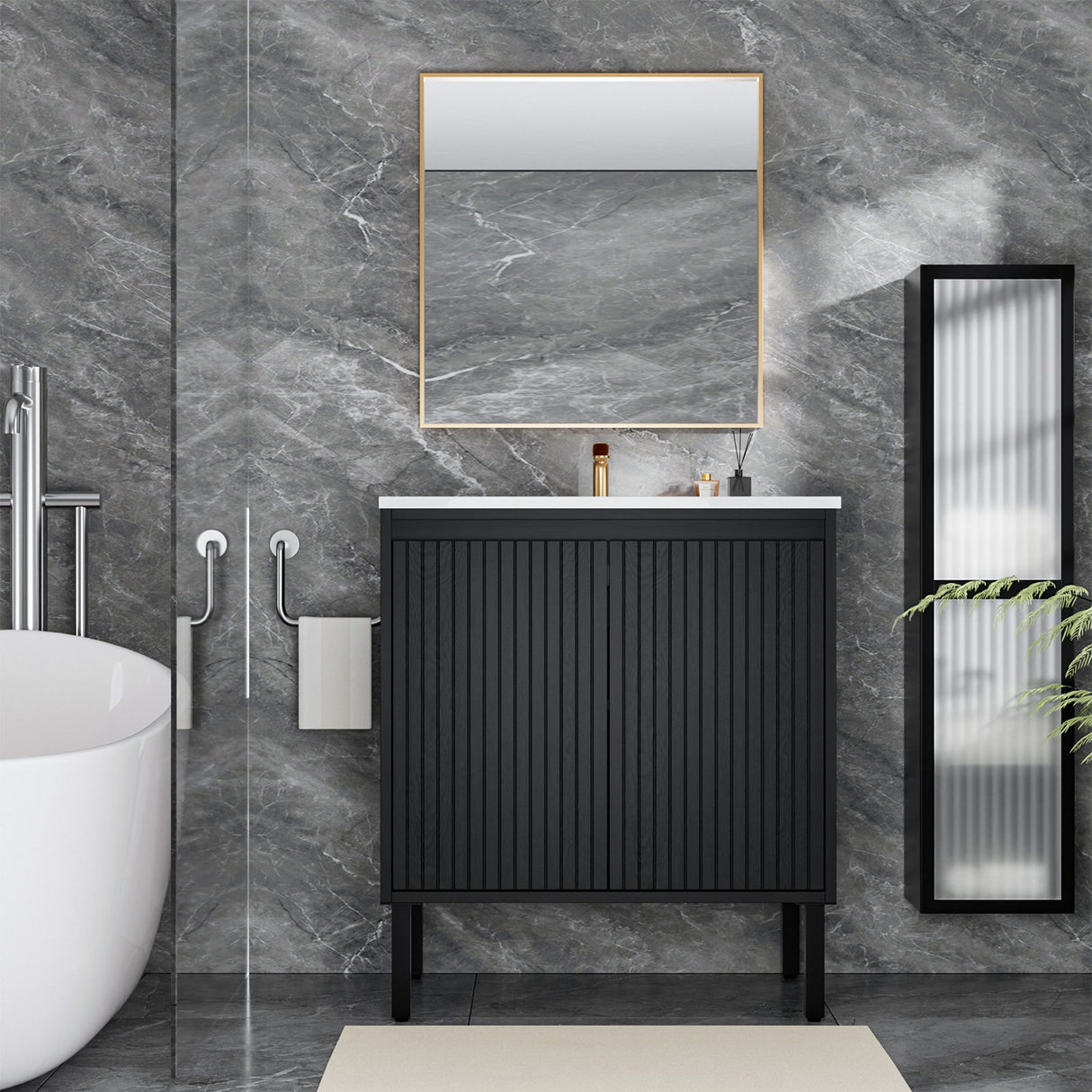 Bathroom Vanity With Ceramic Sink, Floor-Standing Design, Soft-Closing Drawers