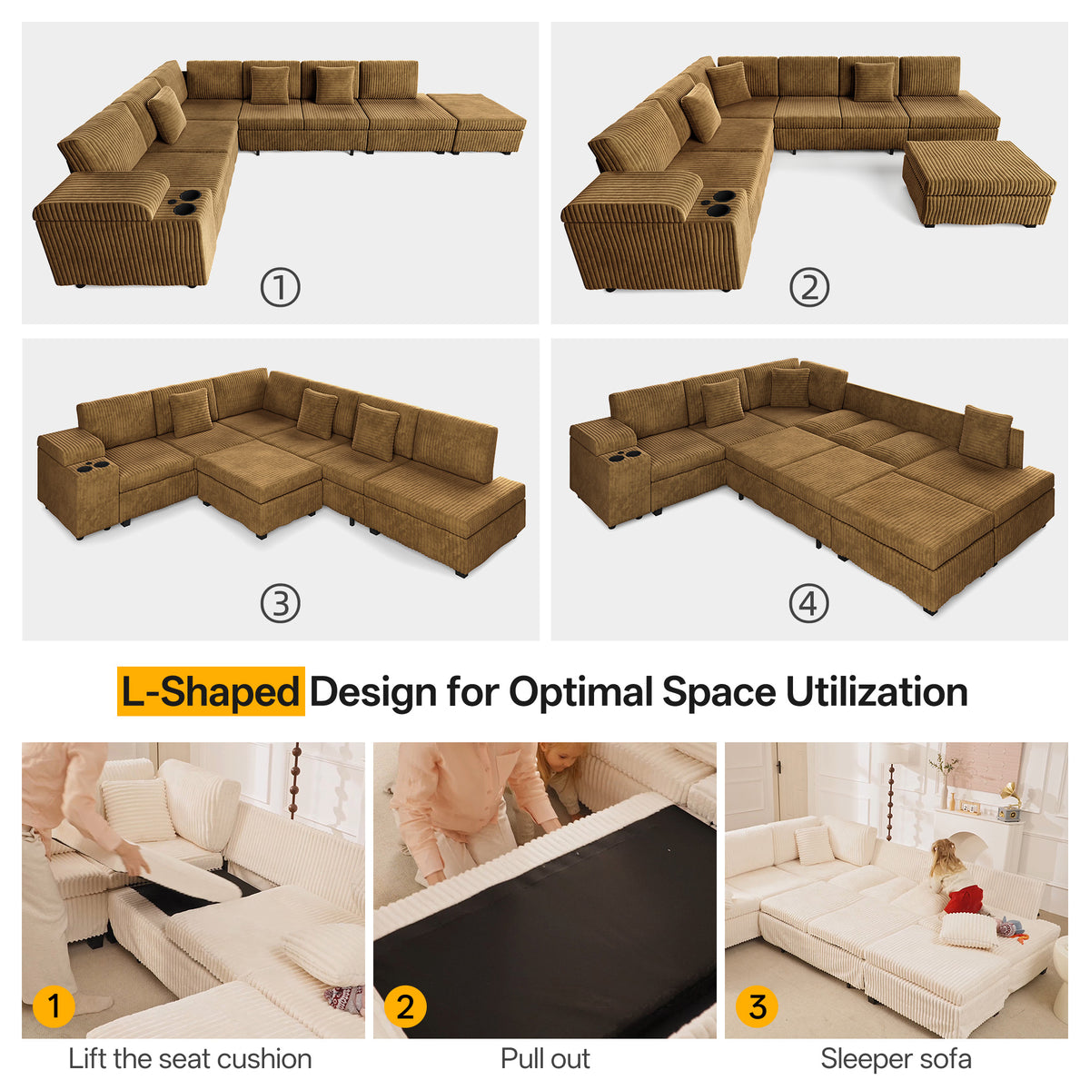 110.2" L-Shaped Sectional Sofa Set with Removable Ottoman in Camel