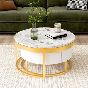 Round Nesting Coffee Table With Drawers - Golden / White