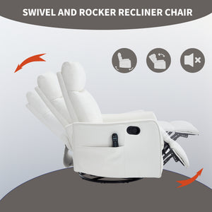 White Heat Massage Manual Recliner Chair with Rocker and Swivel in Faux Leather