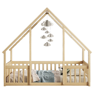Wood House-Shaped Floor Bed With Fence, Guardrails
