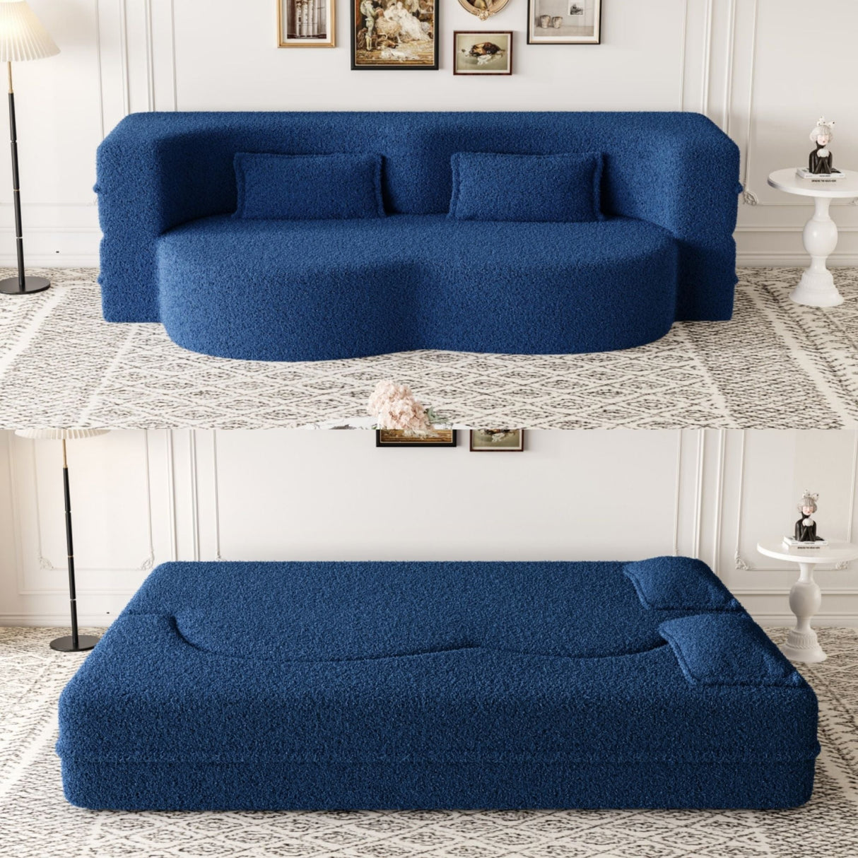 Modern Floor Sofa With 2 Pillows Convertible Teddy Fabric Foam Filled Bed