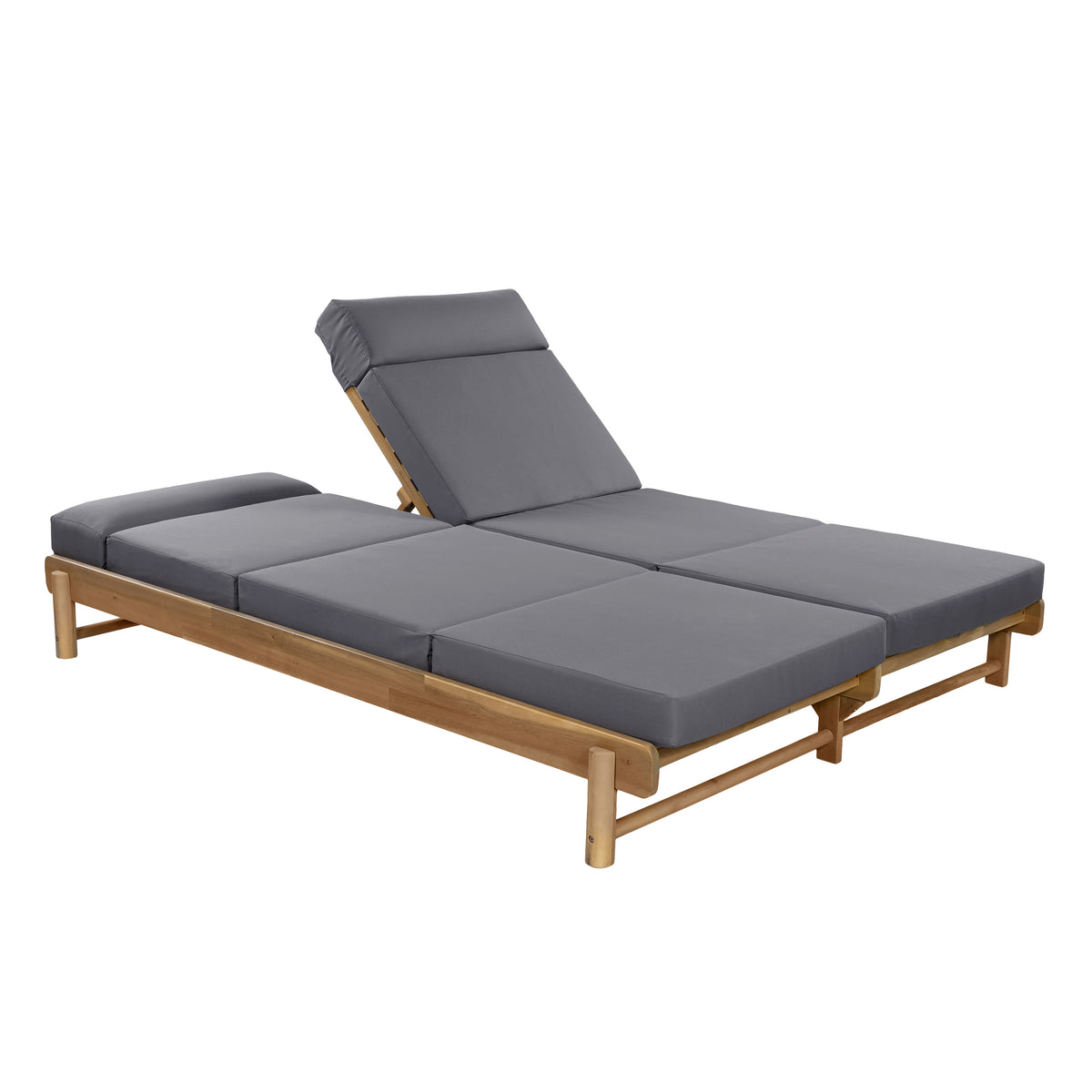 Light Teak Acacia Wood Double Chaise Lounger Set