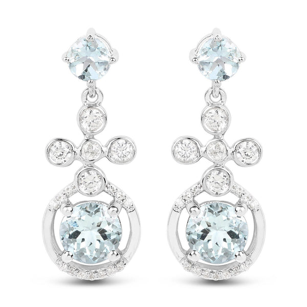 4.42 Carat Genuine Aquamarine and White Zircon .925 Sterling Silver Earrings