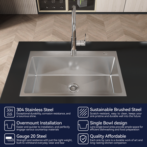 Stainless Steel Kitchen Sink, 30″x19″ Single Bowl, Overmount, Brushed Nickel