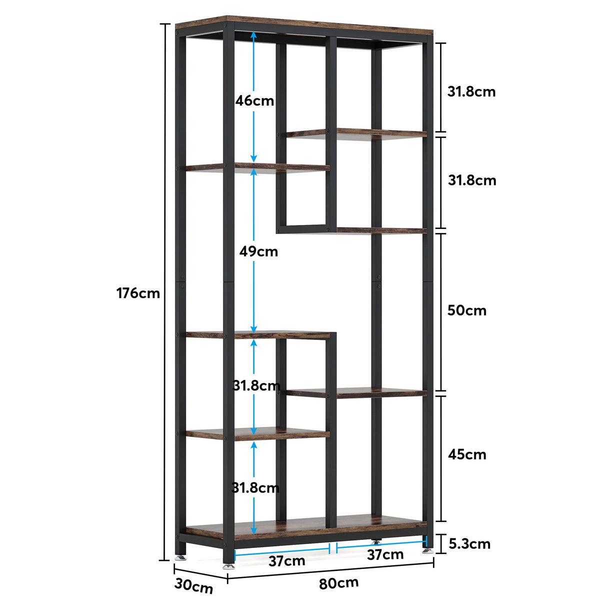 6 Tier, 8 Shelf Etagere Bookcase Storage Display Rack For Living Room - Rustic Brown
