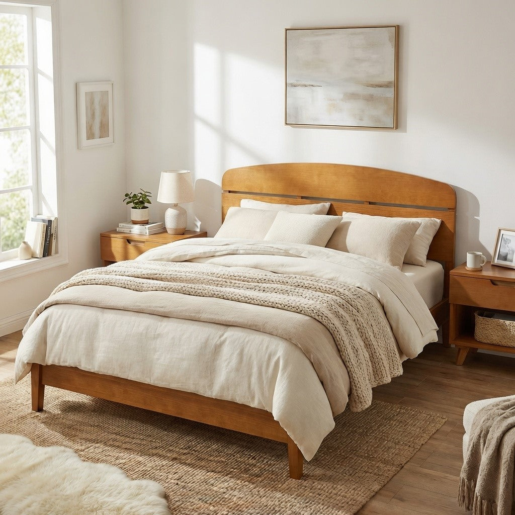 Queen Size Solid Wood Platform Bed with Curved Headboard