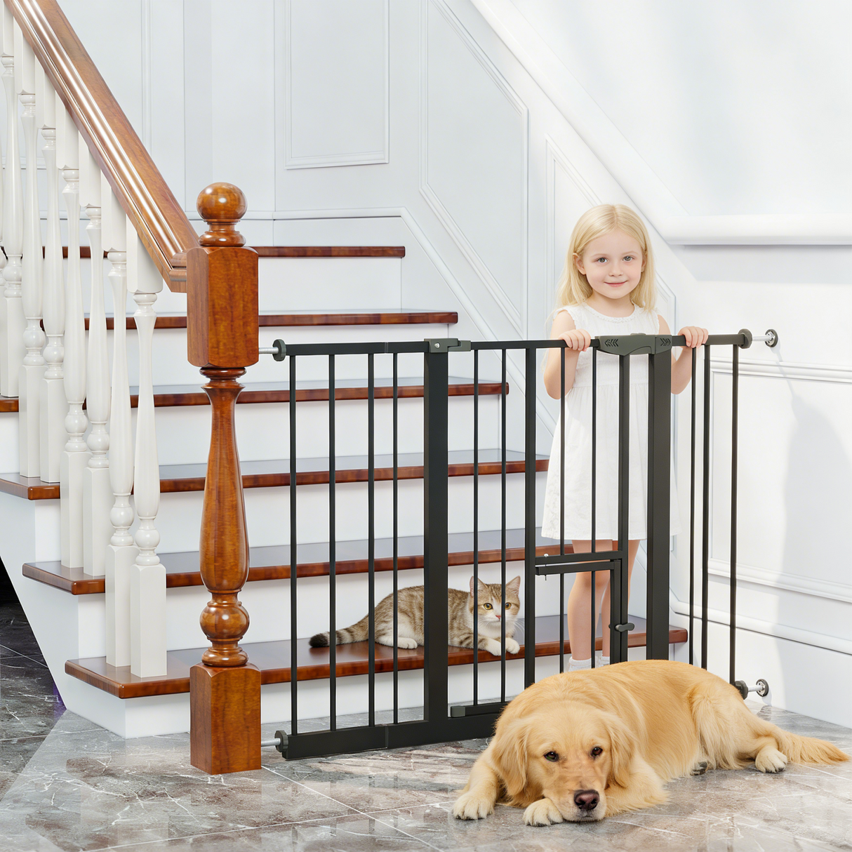Baby Gate with Cat Door, 29.5-44.1" Metal Pet Door