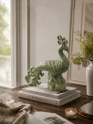13.2x3.7x14" Ceramic Peacock Sculpture