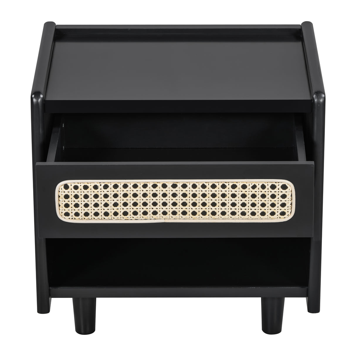 Black Nightstand with Rattan Detail