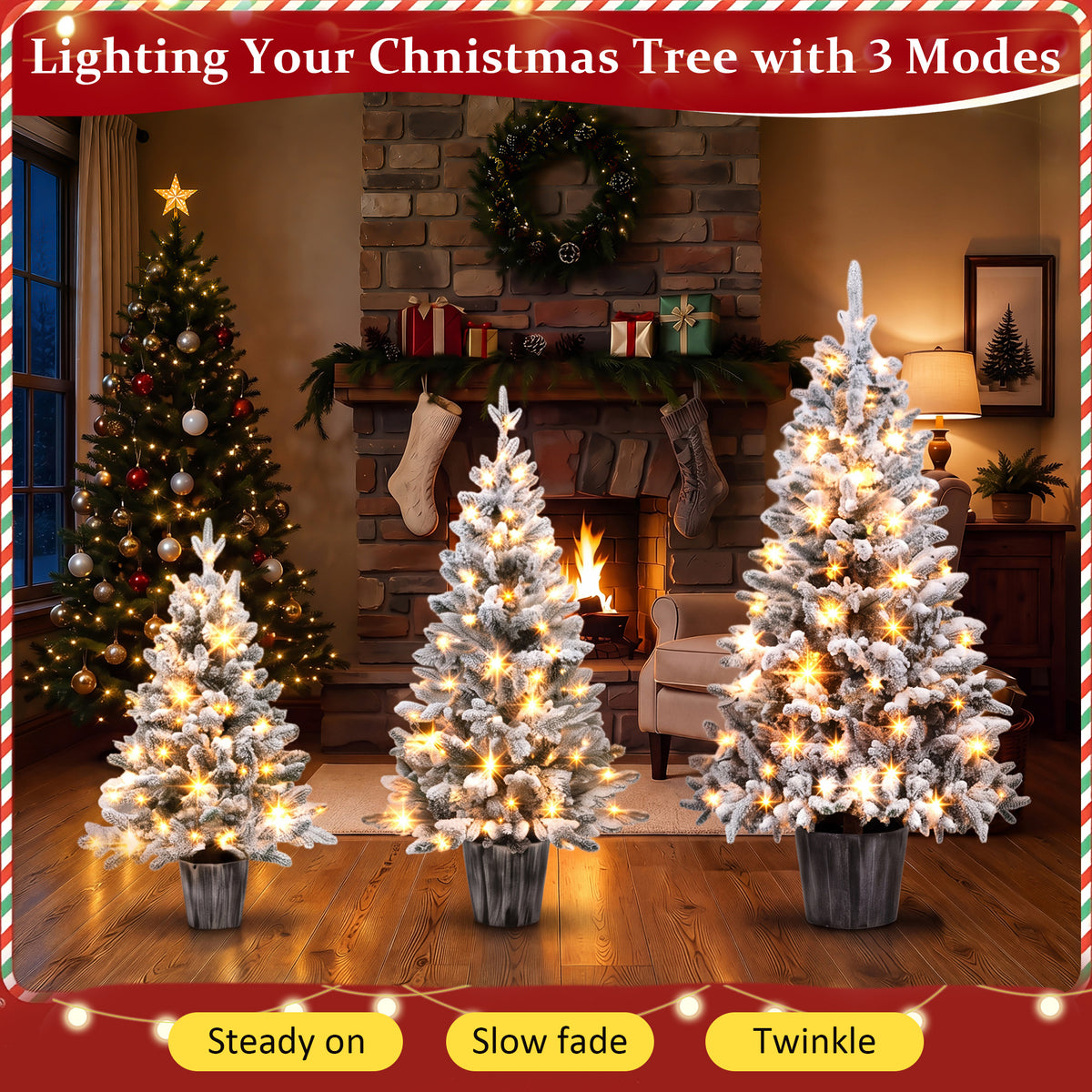 3-Piece Flocked Pre-Lit Christmas Tree Set