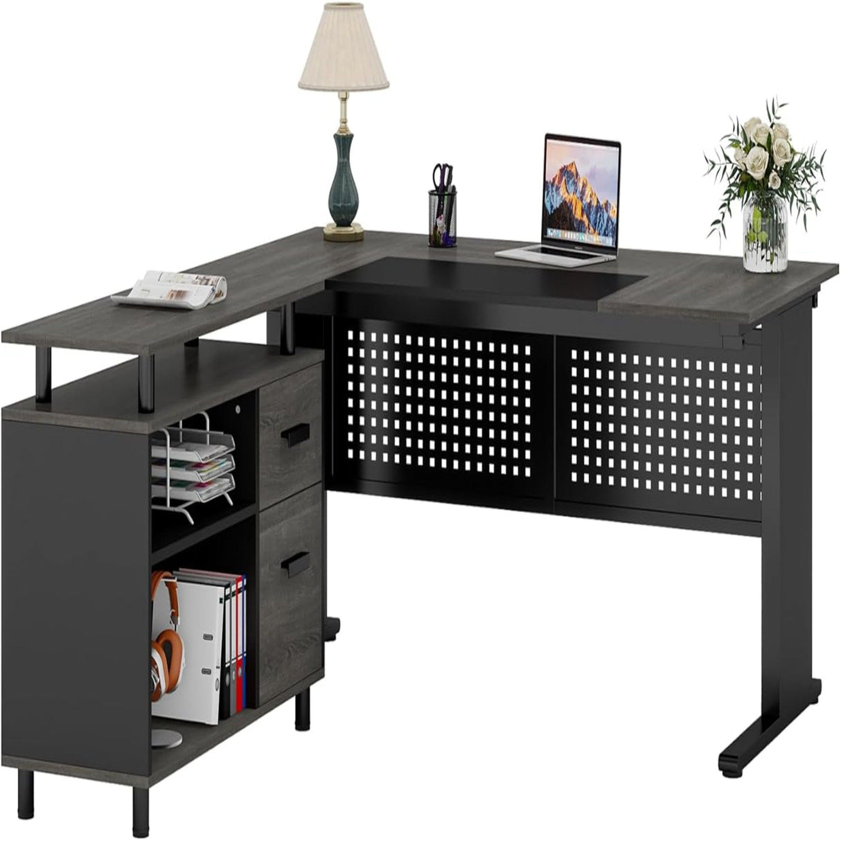 L-Shaped Executive Desk With File Cabinet, Office Workstation With Drawers, Shelves & Storage
