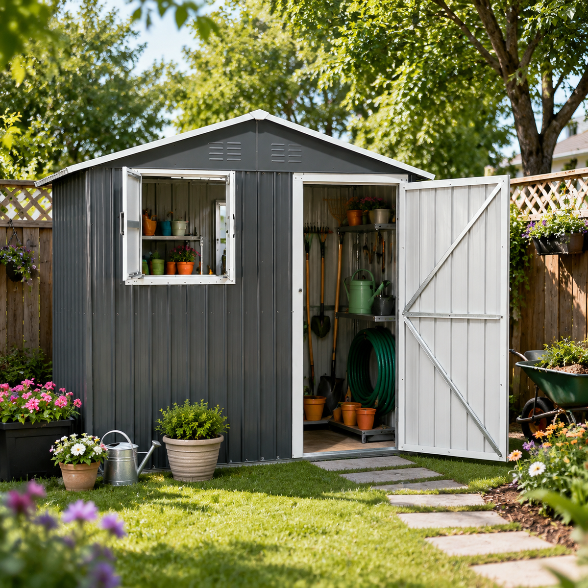 8x4 Foot Outdoor Metal Storage Shed with Openable Window, Coal Grey