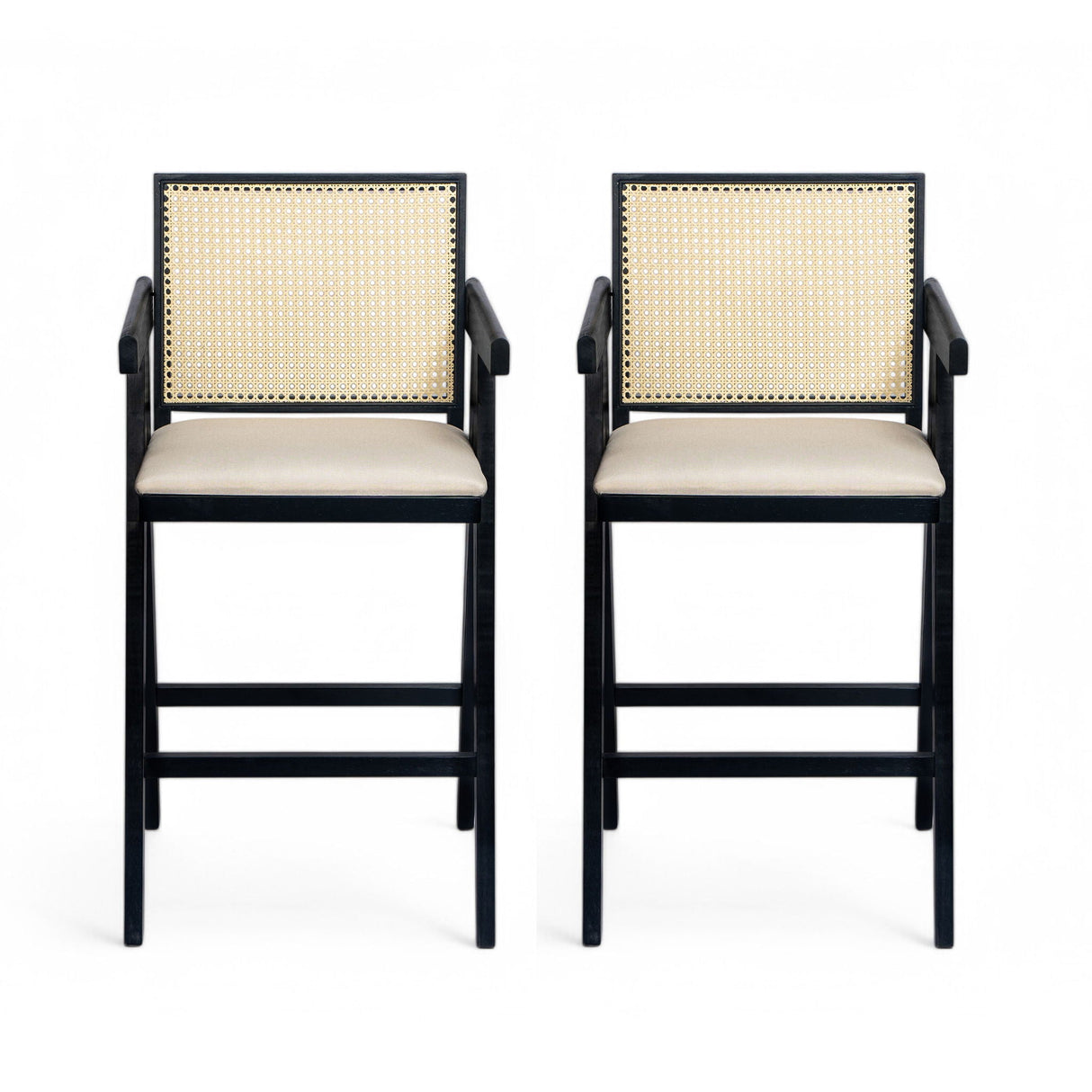 Woven Cane Plastic Backrest Bar Stool Foam Padded Fabric Seat & Durable Rubberwood Frame - Cream Gray - Best Buy Furniture